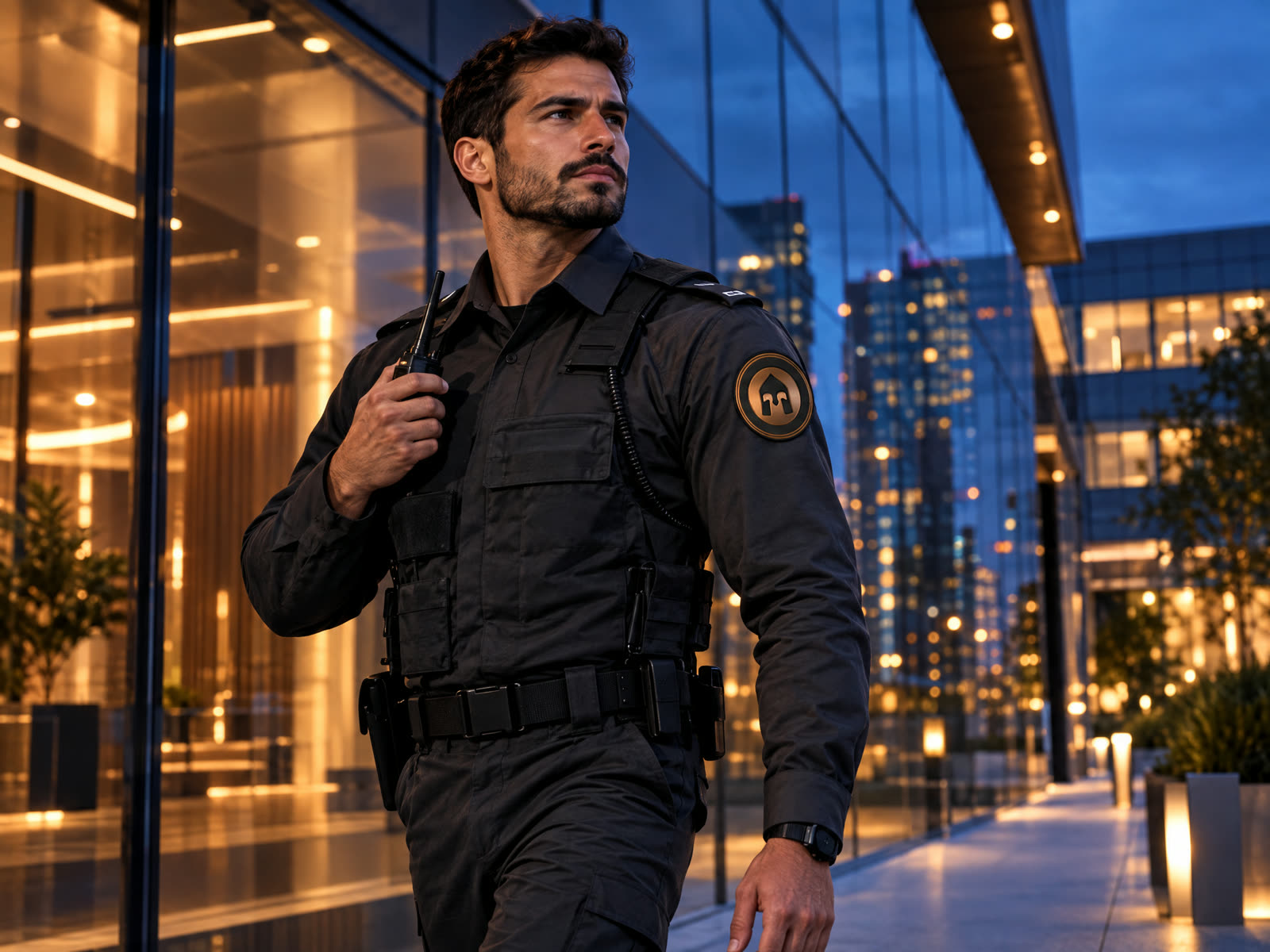 Gece bina cephesinde devriye gezen Miğfer Güvenlik görevlisi