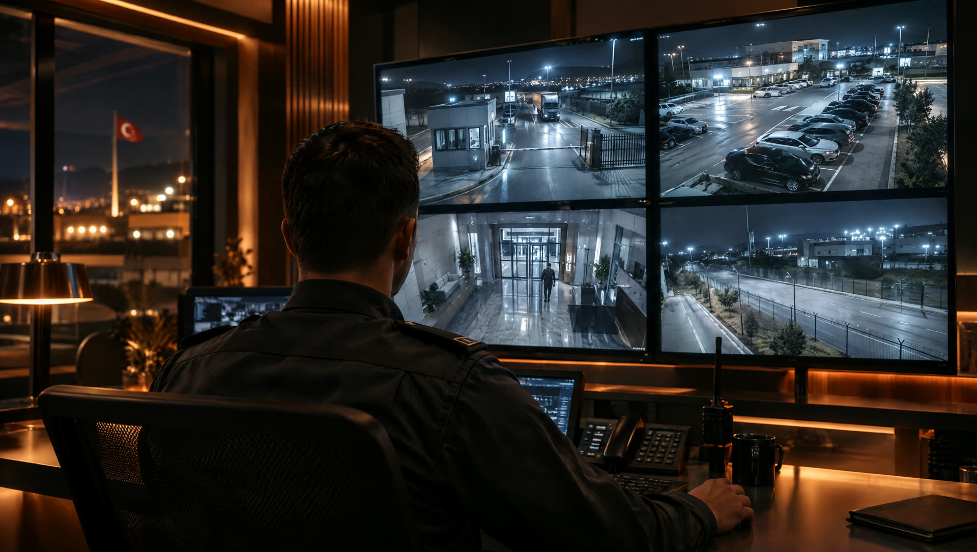 Kamera duvarını izleyen güvenlik operatörü